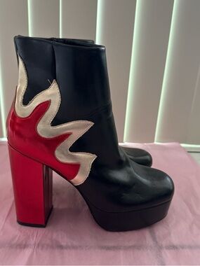 Black Leather Platform Ankle Boots with Red & Cream Flame Accent